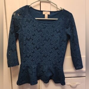 LOFT XXSP Blue Teal Floral Lace Blouse